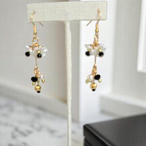 Black and White Multi flower petal pearl dangle earrings